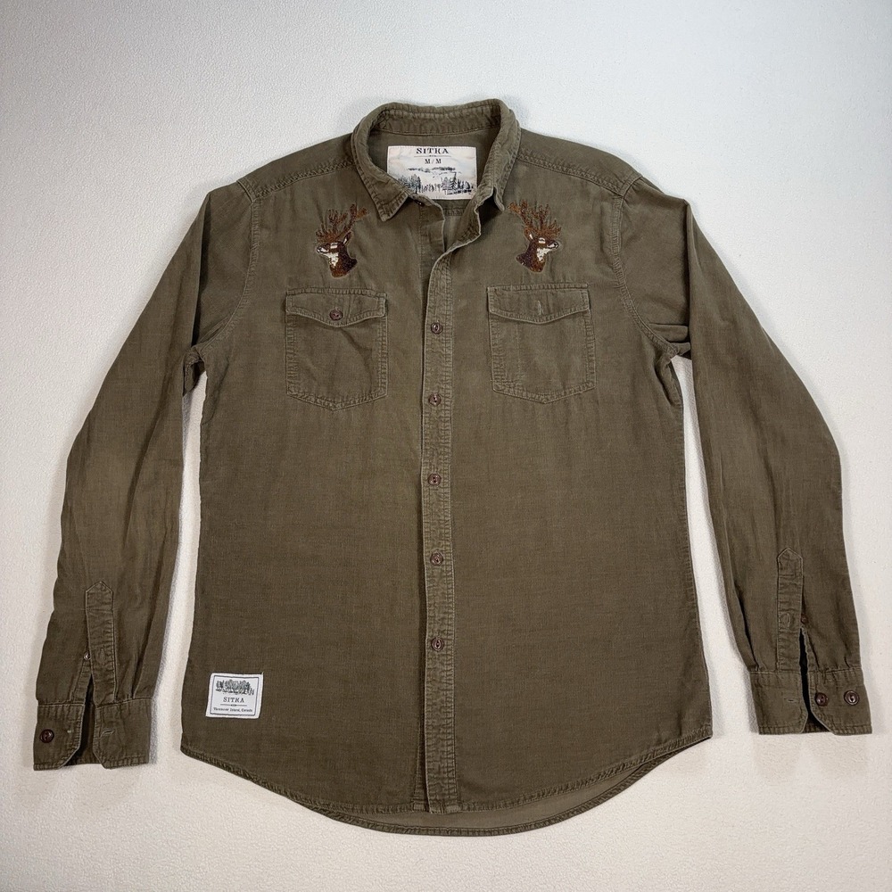 Sitka Corduroy‎ Shirt Men's M Olive Green Cotton Deer Embroidery Pockets *FLAW*
